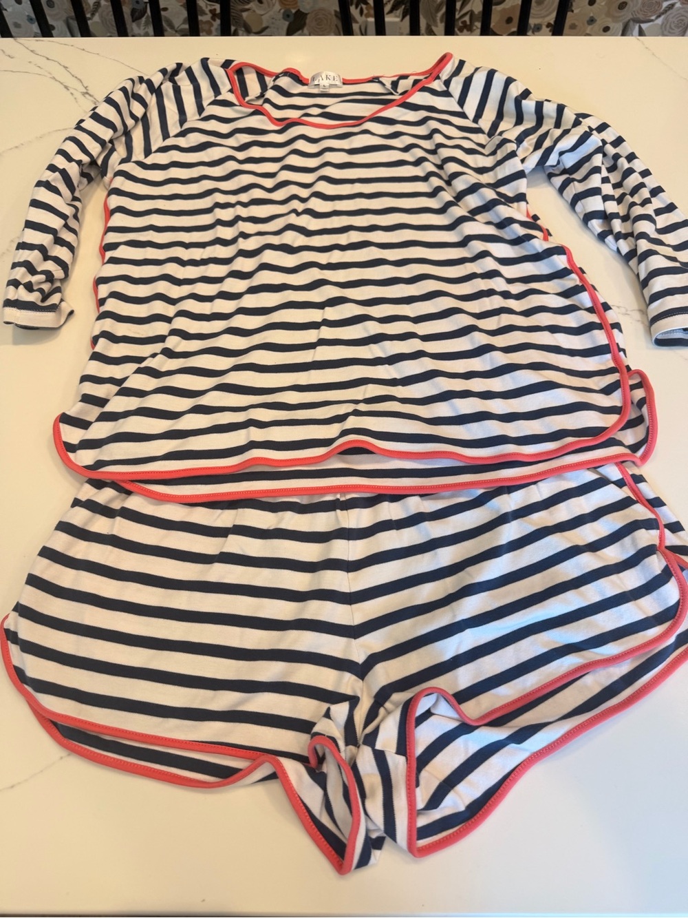 LAKE Striped Navy & White Women's Pajama Set with Coral Trim